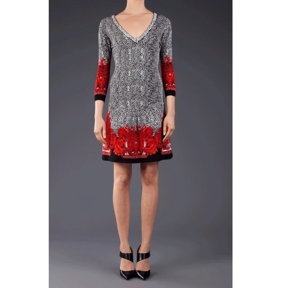 Roberto Cavalli Black/White Jacquard Knit V-Neck Midi Dress‎ Small